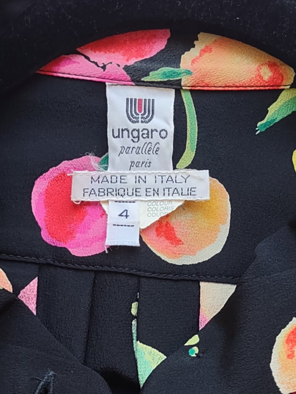 Vintage Ungaro Parallele Silk Blouse Italy Designer Sz Medium Vibrant Fruit Chic - Picture 9 of 10